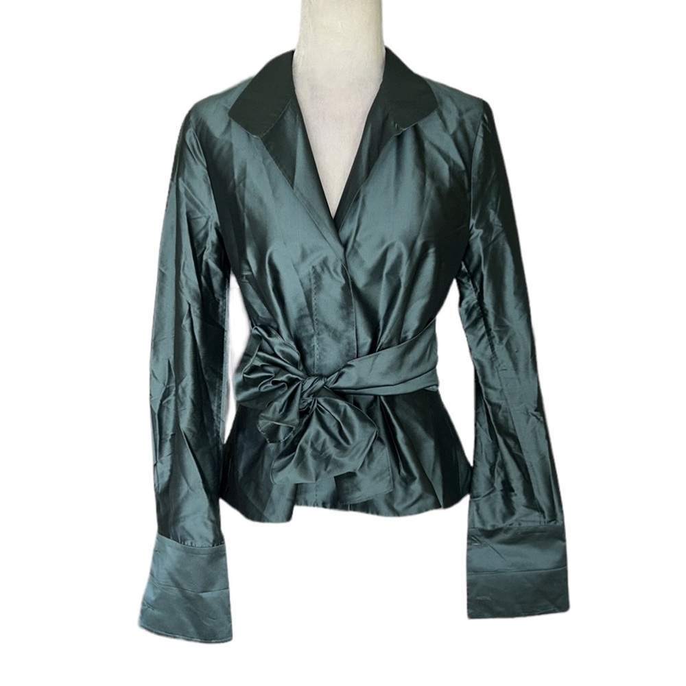 Worth Green Silk Tie Waist Bow Peplum Blouse - 10